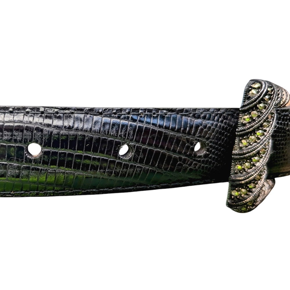 VINTAGE JUDITH CROC EMBOSSED 100% LEATHER MARCASITE STERLING SILVER BUCKEL BELT - Picture 3 of 7